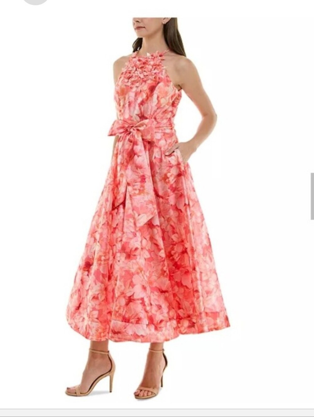 Just Taylor NWT Size 14 Pink Floral Halter Maxi Dress Rosette Belted MSRP $198 - Picture 2 of 13